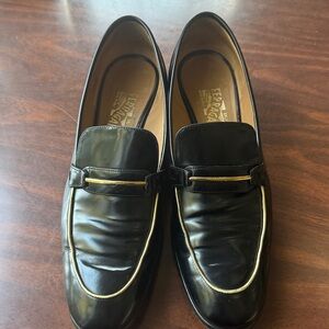Ferragamo Black Leather Loafers with Gold Trim retail $550